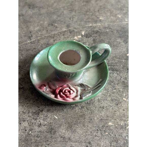 Vtg Germany Green w/Pink Rose Chamberstick style Candle Holders (4e) - Picture 1 of 4